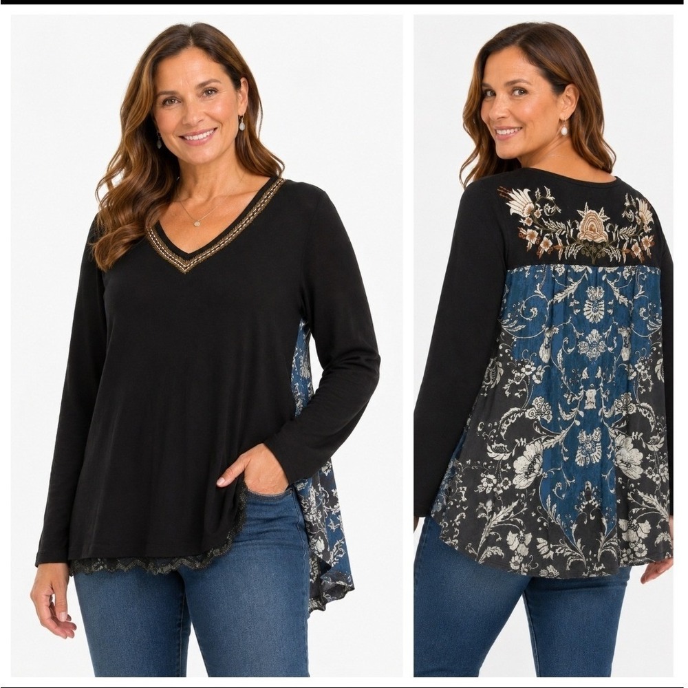 Soft Surroundings Top Womens Medium Black Embroidered‎ Mixed Media V-Neck